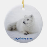 Cute White Arctic Fox In Snow Ceramic Ornament at Zazzle