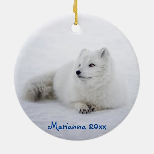 Cute White Arctic Fox in Snow Ceramic Ornament