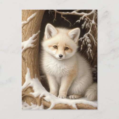 Cute White Baby Fox in Snow Postcard