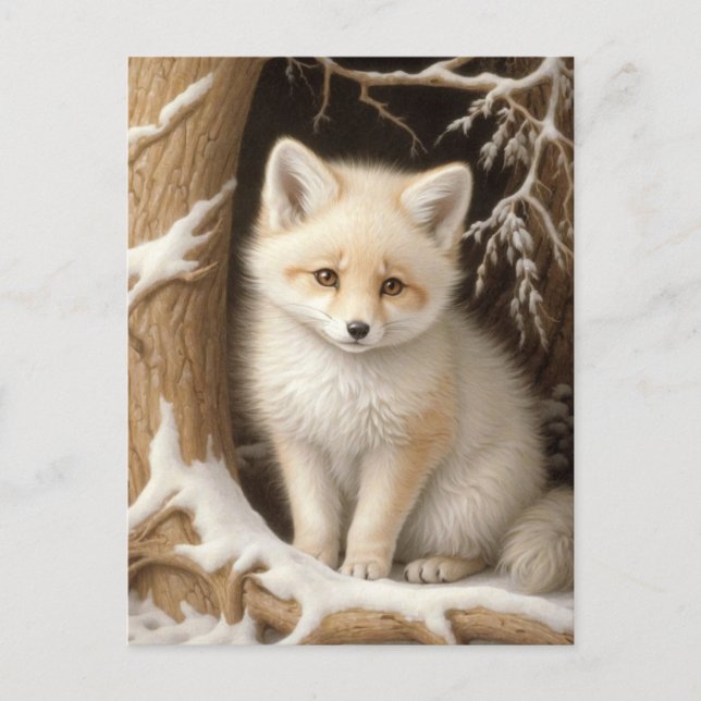Cute White Baby Fox in Snow Postcard (Front)