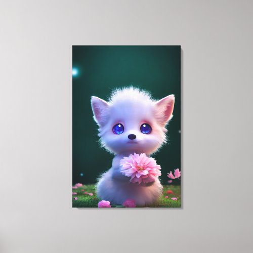 Cute White Baby Fox With Pink Flowers Canvas Print