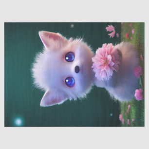 Cute White Baby Fox With Pink Flowers Decoupage Tissue Paper