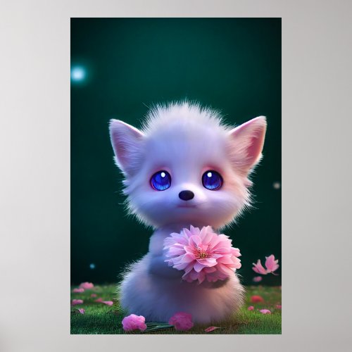 Cute White Baby Fox With Pink Flowers Poster