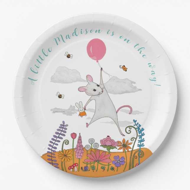 Cute white baby mouse with balloon baby shower  paper plates (Front)