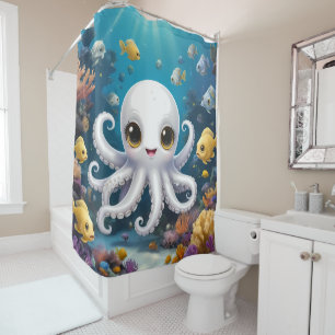 Cute White baby Octopus Under the Sea bathroom Shower Curtain