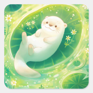 Cute White Baby Otter Floating on Green Lily Pad Square Sticker