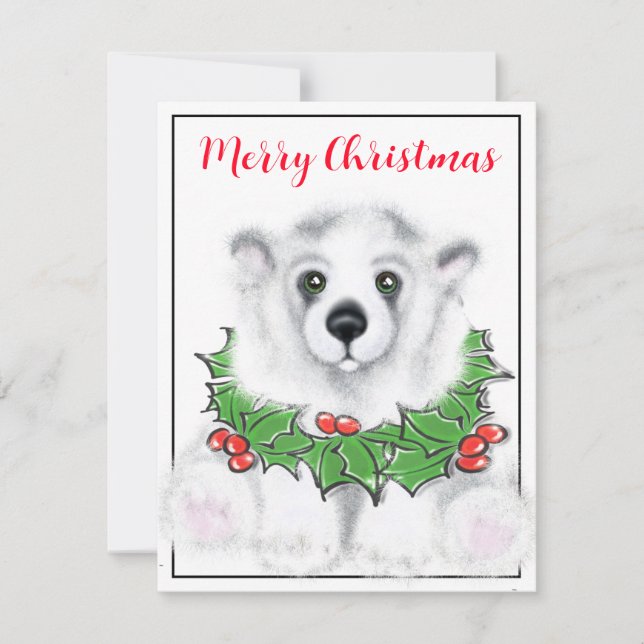 Cute white baby polar bear cub Christmas botanical Note Card (Front)