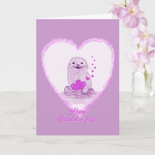 Cute White Baby Sea Otter , Happy Valentines Day Card (Orchid)