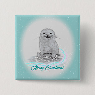 Cute White Baby Sea Otter , Merry Christmas Button