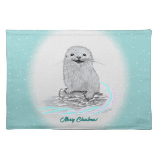 Cute White Baby Sea Otter , Merry Christmas Cloth Placemat