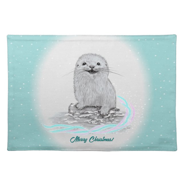 Cute White Baby Sea Otter , Merry Christmas Cloth Placemat (Front)