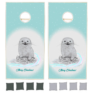 Cute White Baby Sea Otter , Merry Christmas Cornhole Set
