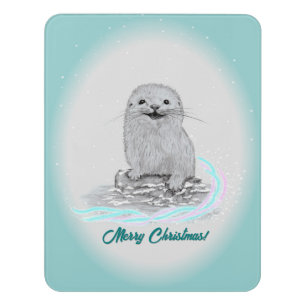 Cute White Baby Sea Otter , Merry Christmas Door Sign