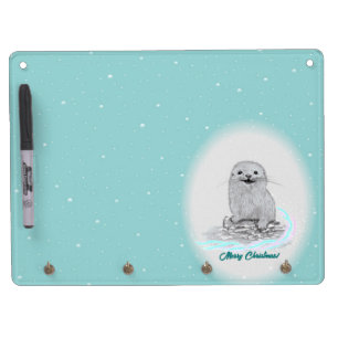 Cute White Baby Sea Otter , Merry Christmas Dry Erase Board With Keychain Holder