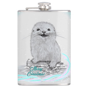 Cute White Baby Sea Otter , Merry Christmas Flask
