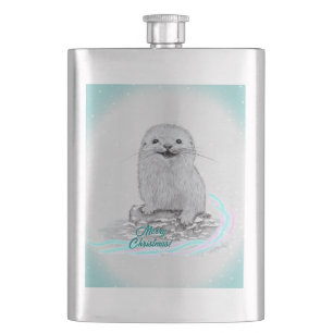 Cute White Baby Sea Otter , Merry Christmas Flask