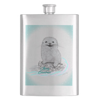 Cute White Baby Sea Otter , Merry Christmas Flask