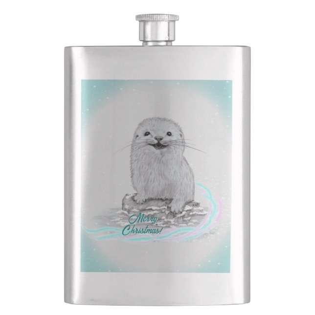 Cute White Baby Sea Otter , Merry Christmas Flask (Front)