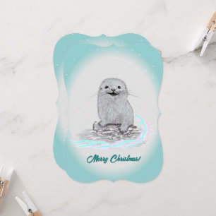 Cute White Baby Sea Otter , Merry Christmas Invitation