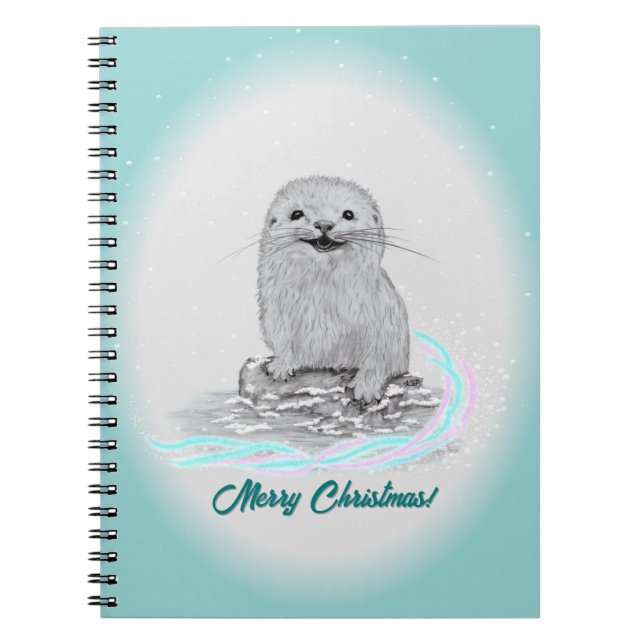 Cute White Baby Sea Otter , Merry Christmas Notebook (Front)
