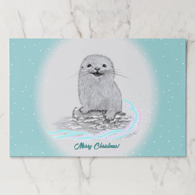 Cute White Baby Sea Otter , Merry Christmas Paper Pad (Front)