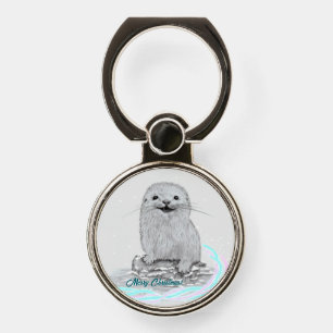 Cute White Baby Sea Otter , Merry Christmas Phone Ring Stand