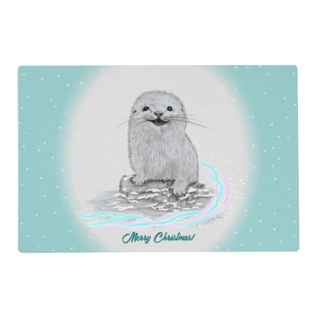 Cute White Baby Sea Otter , Merry Christmas Placemat (Front)