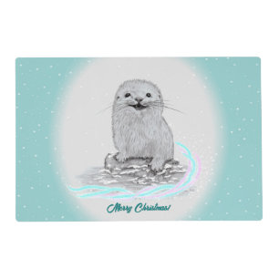 Cute White Baby Sea Otter , Merry Christmas Placemat