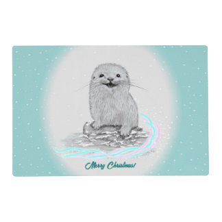 Cute White Baby Sea Otter , Merry Christmas Placemat