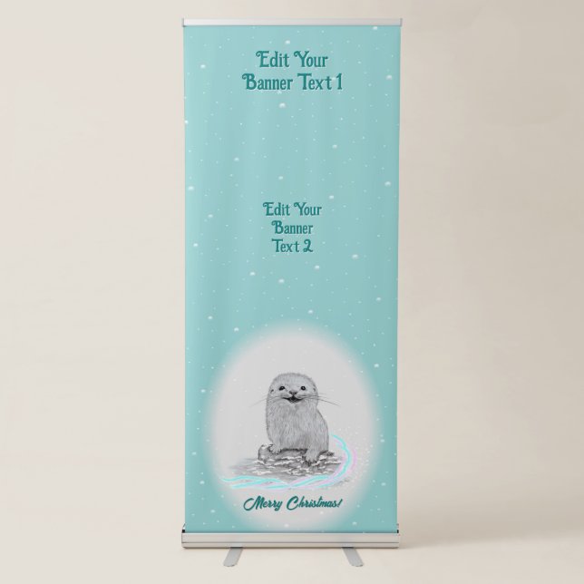 Cute White Baby Sea Otter , Merry Christmas Retractable Banner (Front)