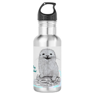 Cute White Baby Sea Otter , Merry Christmas Stainless Steel Water Bottle