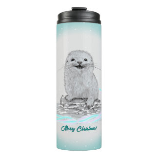 Cute White Baby Sea Otter , Merry Christmas Thermal Tumbler