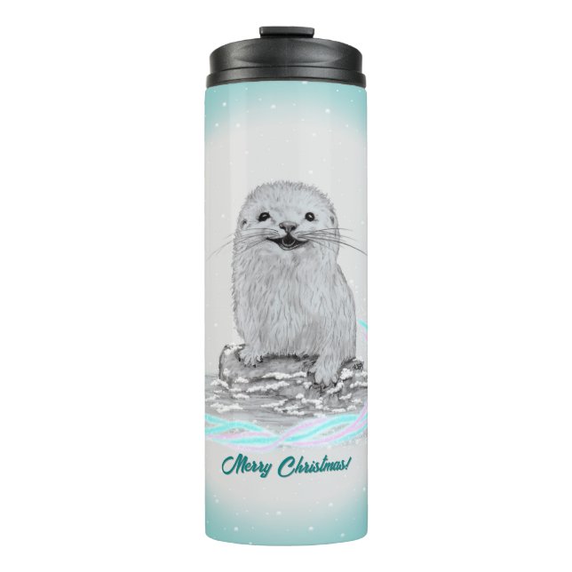 Cute White Baby Sea Otter , Merry Christmas Thermal Tumbler (Front)