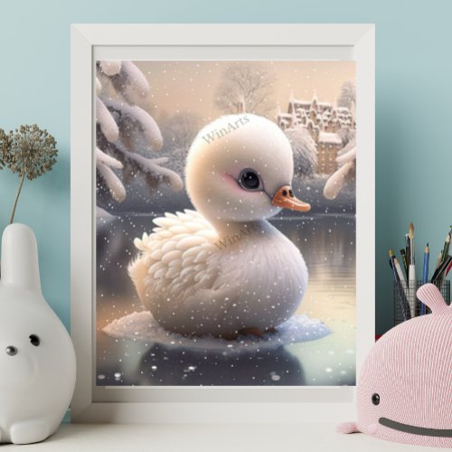 Cute White Baby Swan In Lake Art Nursery Poster