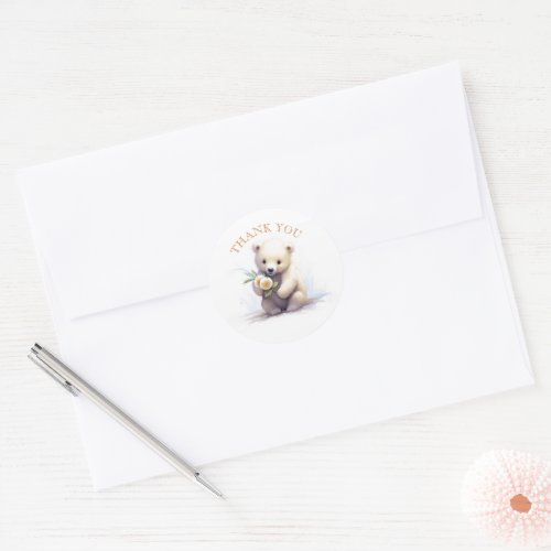 Cute White Bear With Flower Thank You Classic Round Sticker