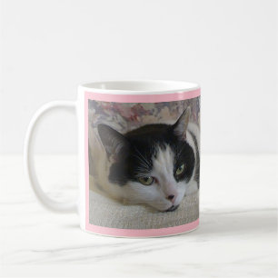 Cute White Black Cat Photo Monogram Name Pink  Coffee Mug
