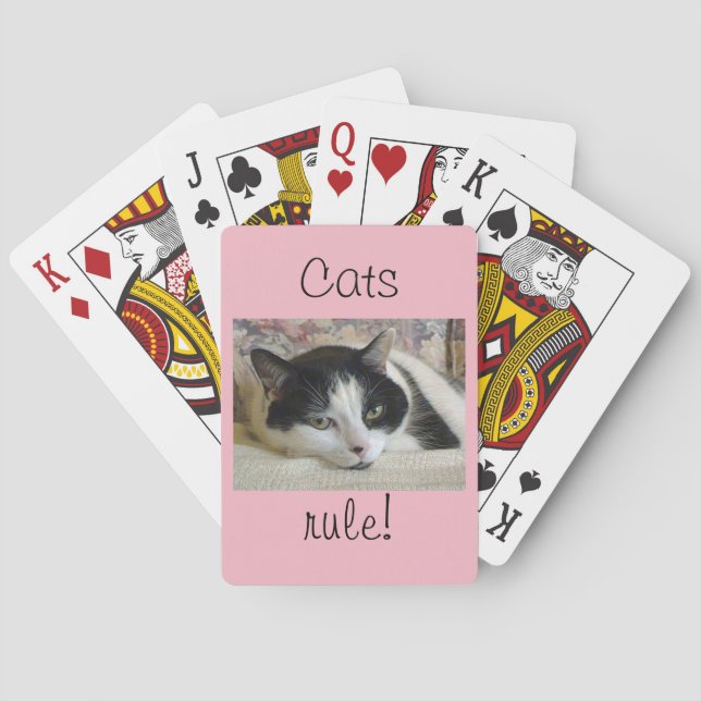 Cute White Black Cat Quote Cat's Rule Poker Cards (Back)