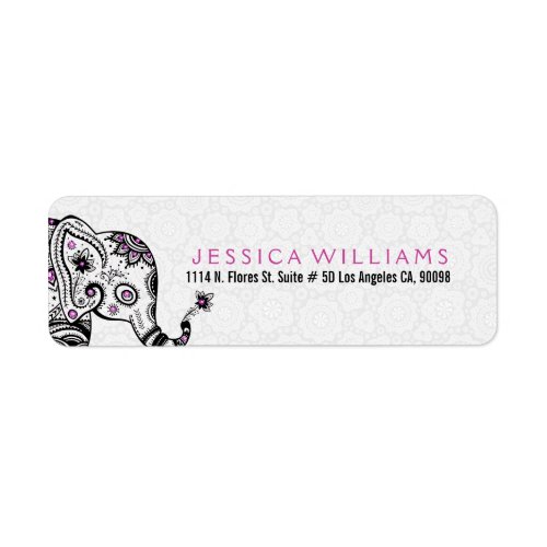 Cute White  Black Floral Elephant Pink Accents Label