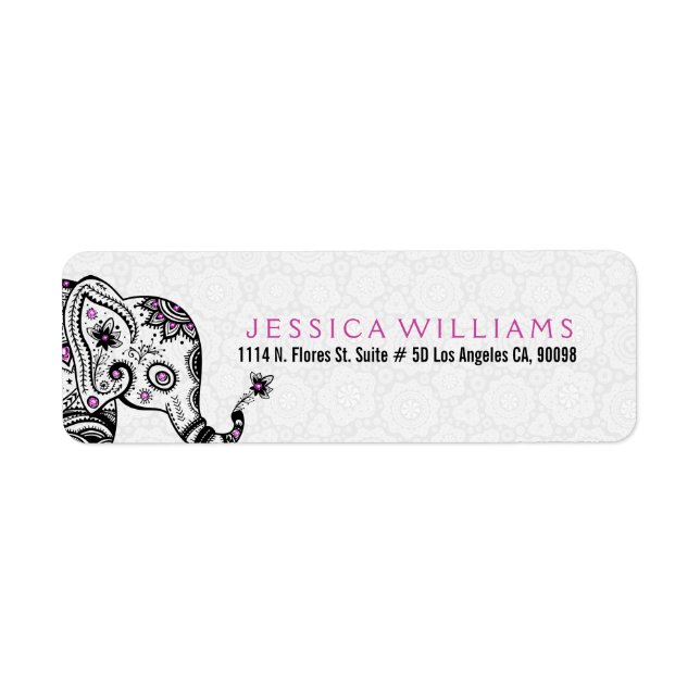 Cute White & Black Floral Elephant Pink Accents Label (Front)