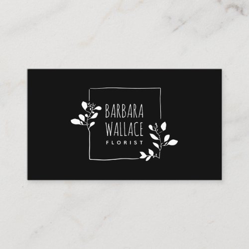 Cute white black hand drawn floral frame minimal business card