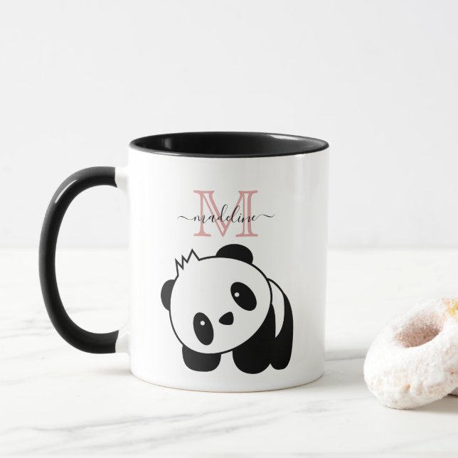 Cute White Black Panda Modern Pink Monogram Mug (With Donut)