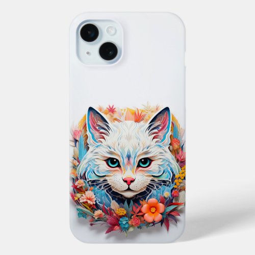 Cute White Blue Cat with flowers Paper Cutout iPhone 15 Plus Case