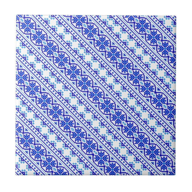 Cute white blue decorative ukrainian stripes ceramic tile (Front)