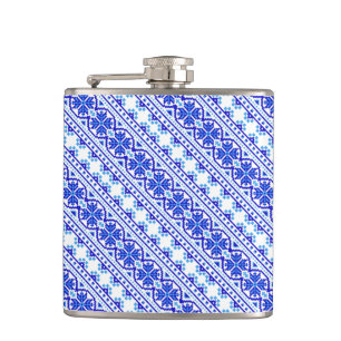 Cute white blue decorative ukrainian stripes flask