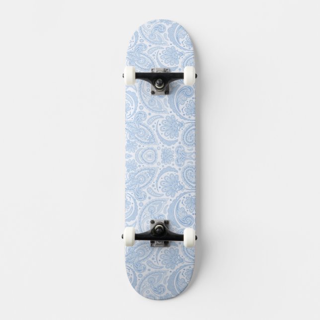 Cute white blue paisley pattern skateboard (Front)