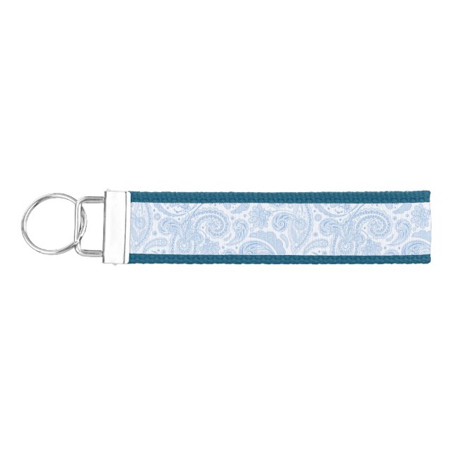 Cute white blue paisley pattern wrist keychain (Keys on Left)