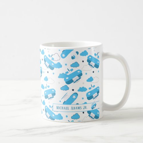 Cute White  Blue Planes and Clouds Kids Monogram Coffee Mug