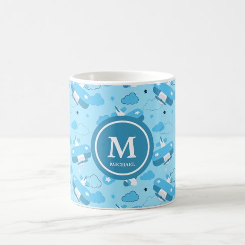 Cute White  Blue Planes and Clouds Kids Monogram Coffee Mug