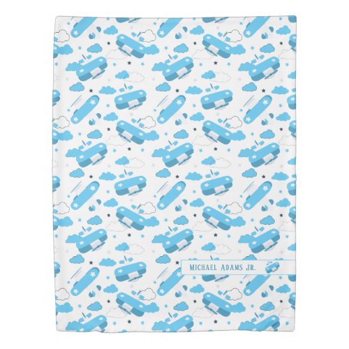 Cute White  Blue Planes and Clouds Kids Monogram Duvet Cover