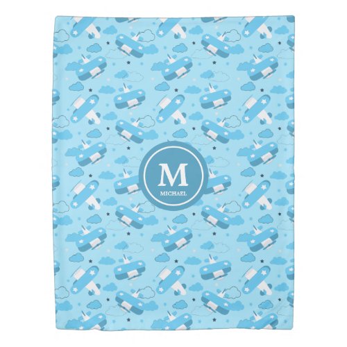 Cute White  Blue Planes and Clouds Kids Monogram Duvet Cover